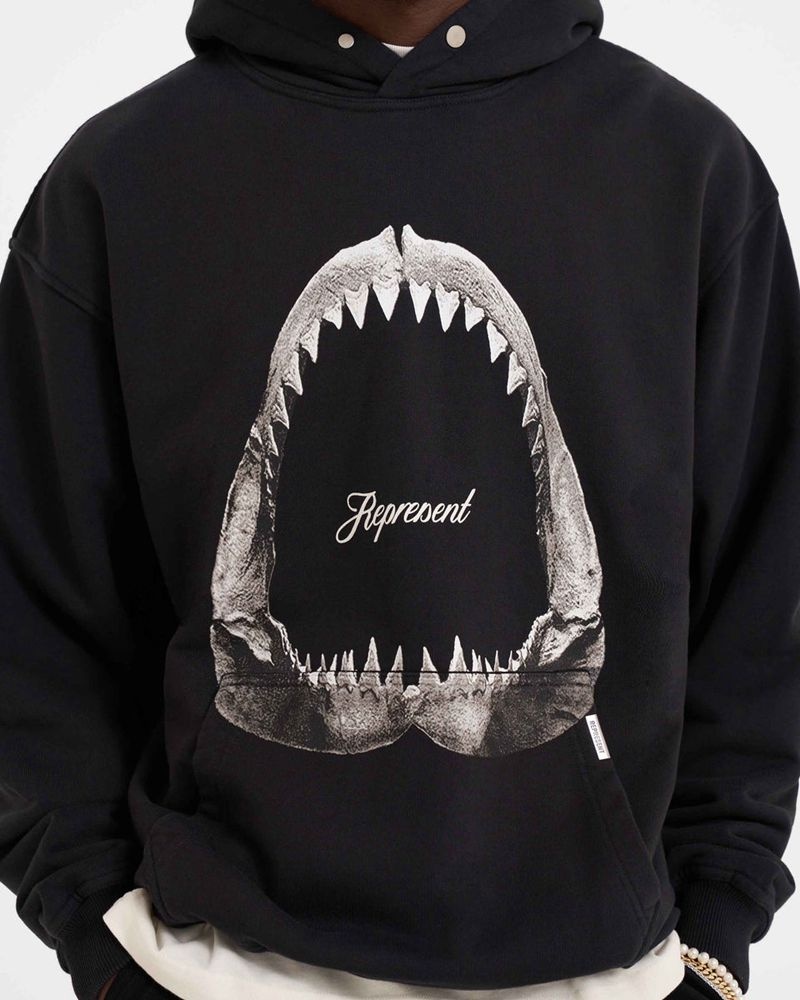 Men's Represent Shark Jaws Hoodie Black | UK-AUVOD2789