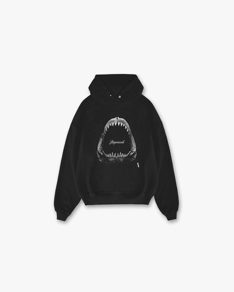 Men\'s Represent Shark Jaws Hoodie Black | UK-AUVOD2789