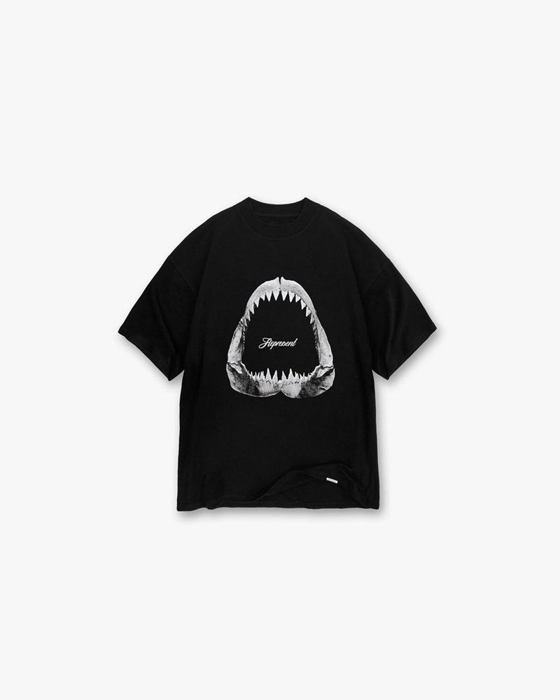 Men\'s Represent Shark Jaws T-Shirt Black | UK-RWKLU2583