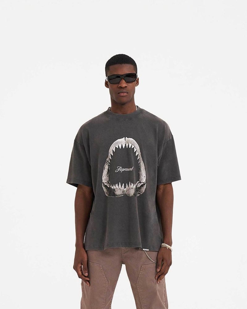 Men's Represent Shark Jaws T-Shirt Dark Grey | UK-TROLU4768