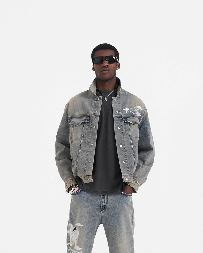 Men's Represent Storms In Heaven Denim Jacket Blue / Cream | UK-XBDAC7258