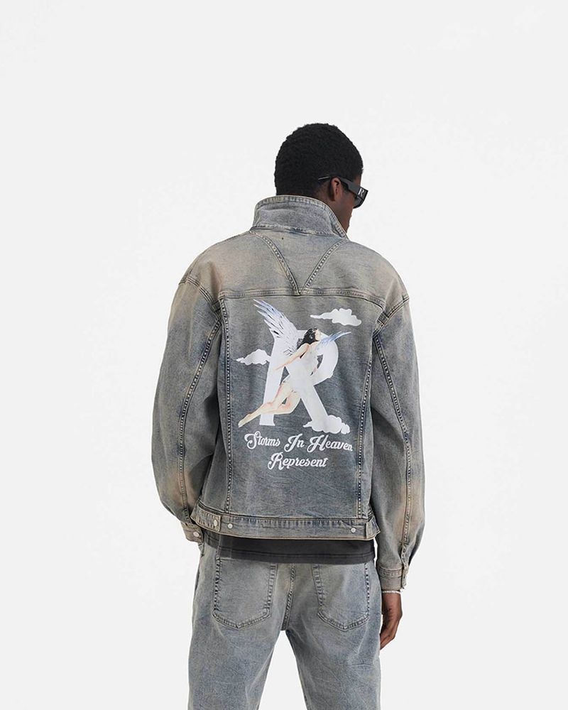 Men's Represent Storms In Heaven Denim Jacket Blue / Cream | UK-XBDAC7258