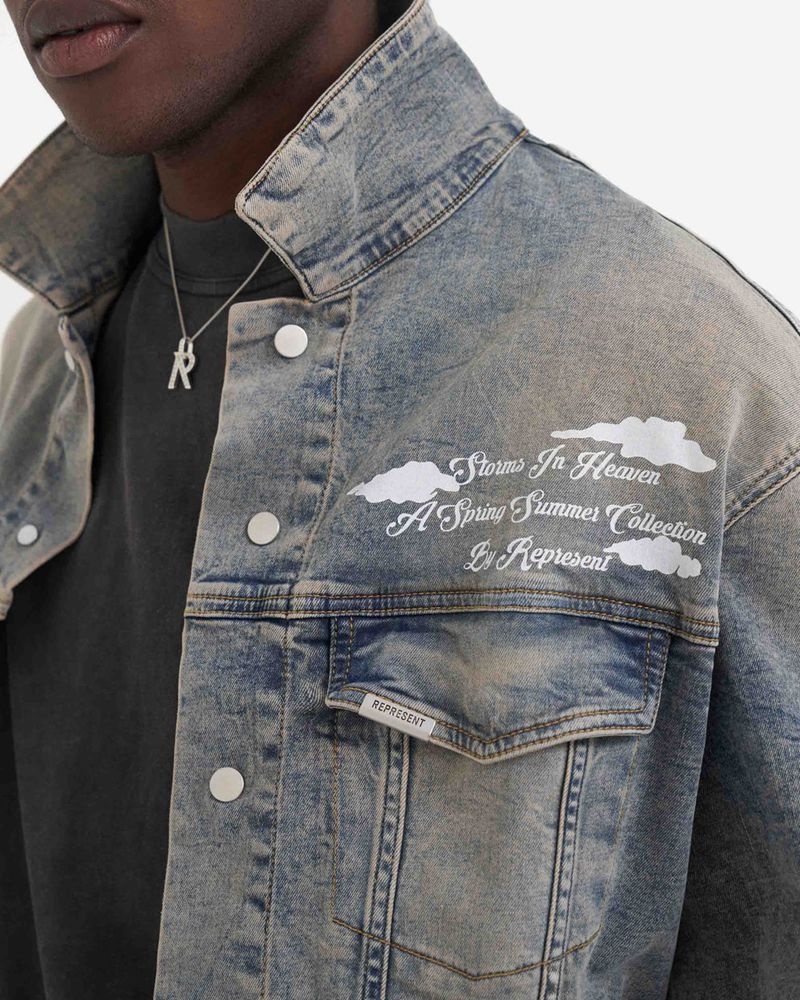 Men's Represent Storms In Heaven Denim Jacket Blue / Cream | UK-XBDAC7258