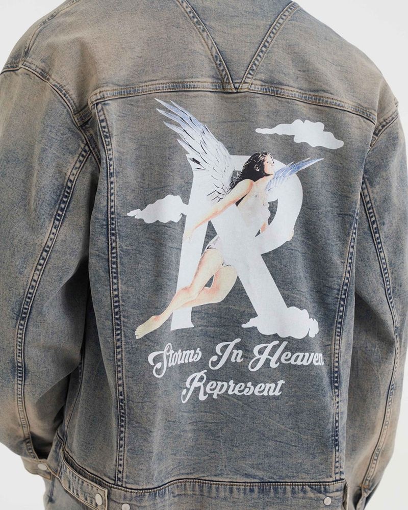 Men's Represent Storms In Heaven Denim Jacket Blue / Cream | UK-XBDAC7258