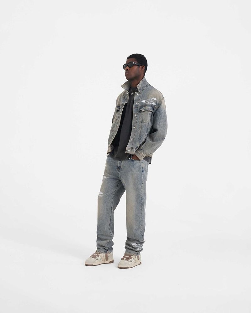 Men's Represent Storms In Heaven Denim Jacket Blue / Cream | UK-XBDAC7258