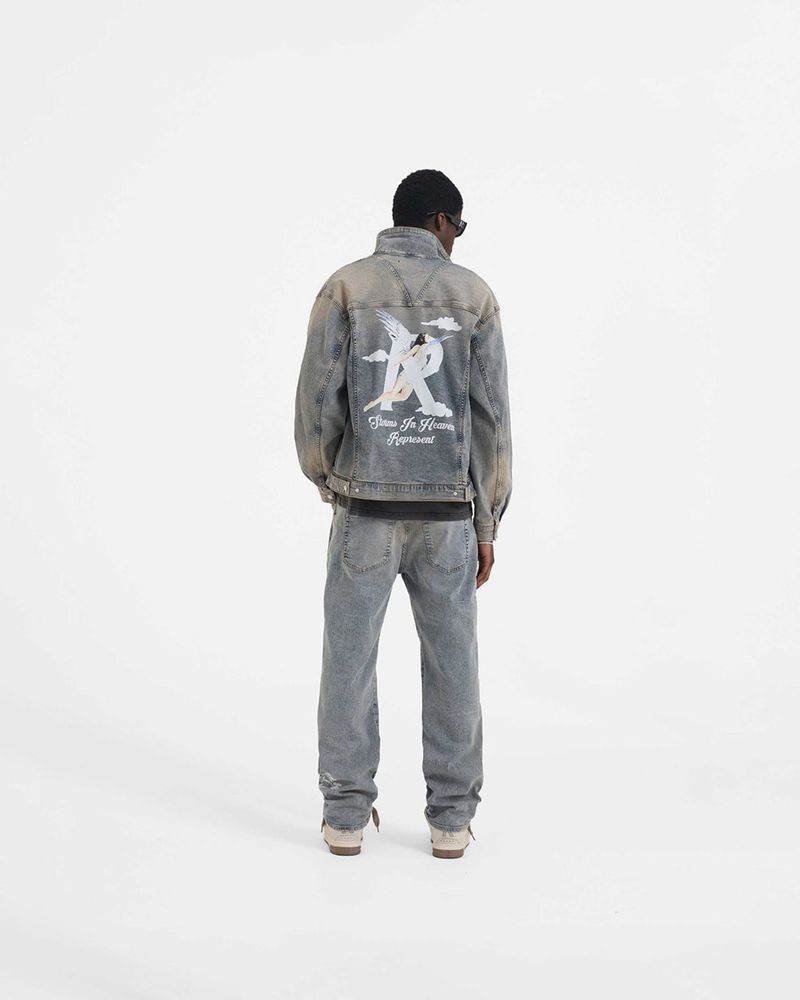 Men's Represent Storms In Heaven Denim Jacket Blue / Cream | UK-XBDAC7258