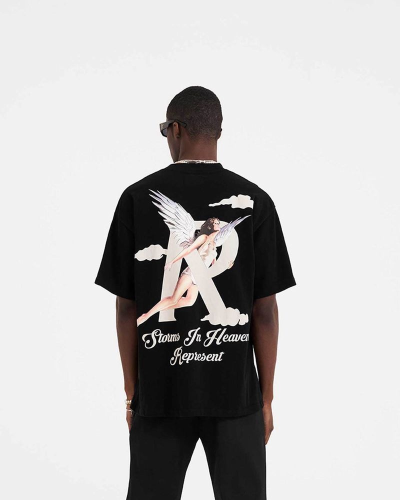 Men's Represent Storms In Heaven T-Shirt Black | UK-VQAXN3079