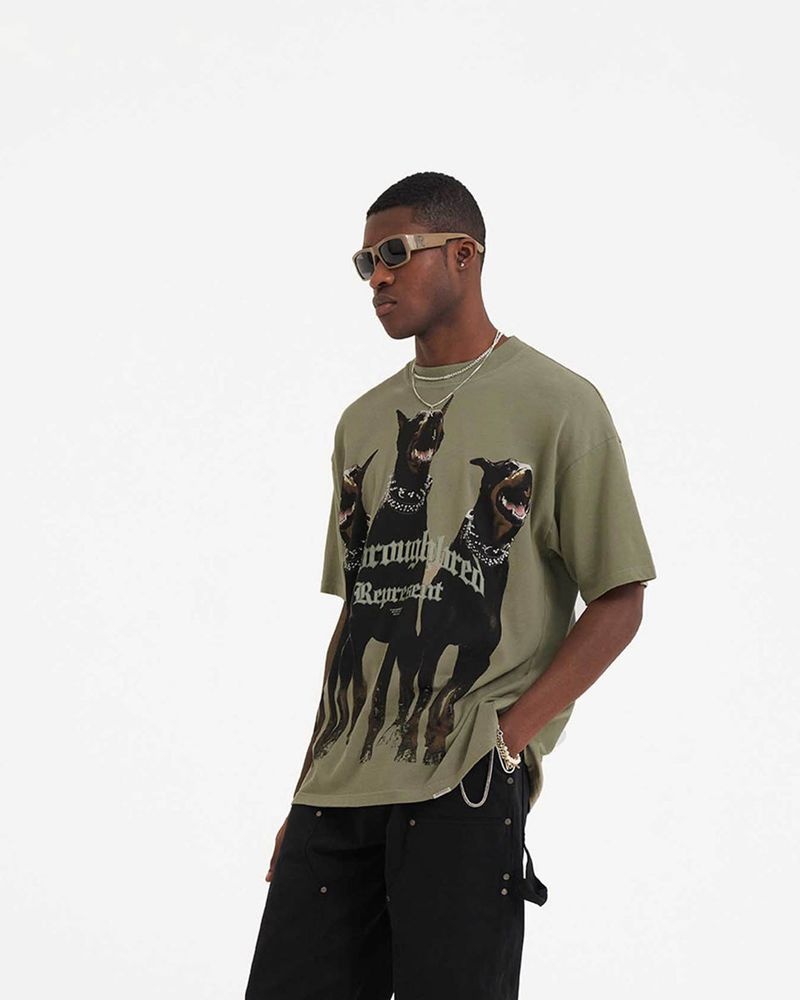 Men's Represent Thoroughbred T-Shirt Khaki | UK-JSTBQ5328