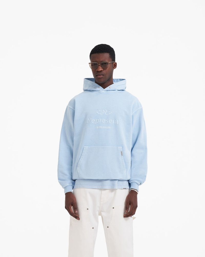 Men's Represent Worldwide Hoodie Light Blue | UK-ZEXBD2147