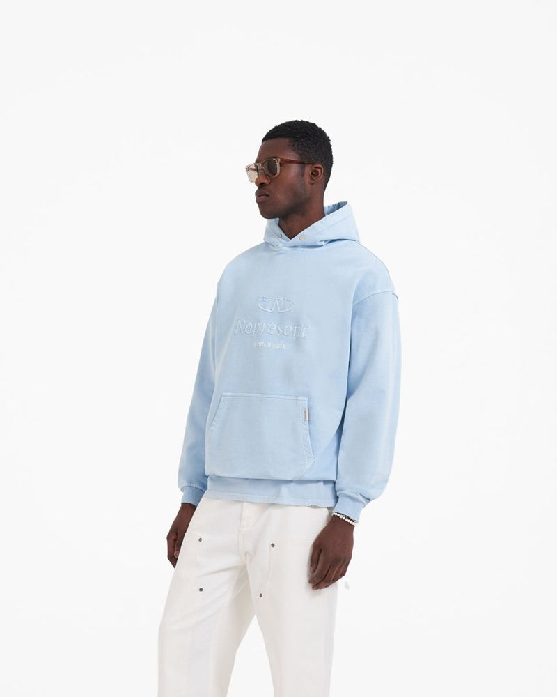 Men's Represent Worldwide Hoodie Light Blue | UK-ZEXBD2147