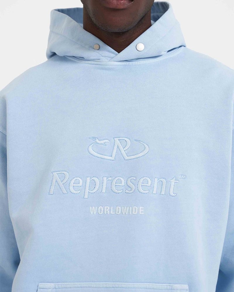 Men's Represent Worldwide Hoodie Light Blue | UK-ZEXBD2147